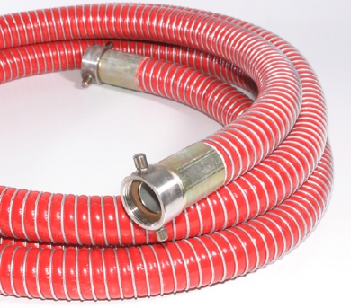 Click to enlarge - Composite hose built by using thermoplastic layers supported internally and externally by a galvanized and aluminium wire helix. Tough, yet lightweight hose for transport of hydrocarbons etc. Ends are swaged for maximum integrity.